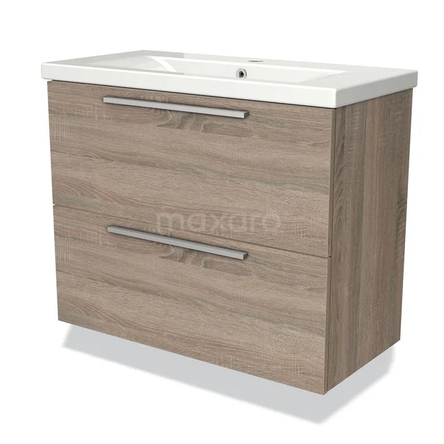 Modulo Slim Waschtische | 80 cm Eiche Flach front Keramik 2 übereinanderliegende Schubladen BMW37-00222 Holz Badezimmermöbel mit zwei Schubladen, heller Eiche Farbe, weißem Waschbecken und metallischen Haltegriffen, perfekt für ein modernes Badezimmer.