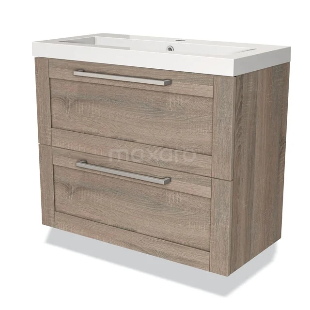 Houten badkamermeubel met 2 lades, lichtbruine houtlook afwerking, geïntegreerde wastafel en moderne metalen grepen.