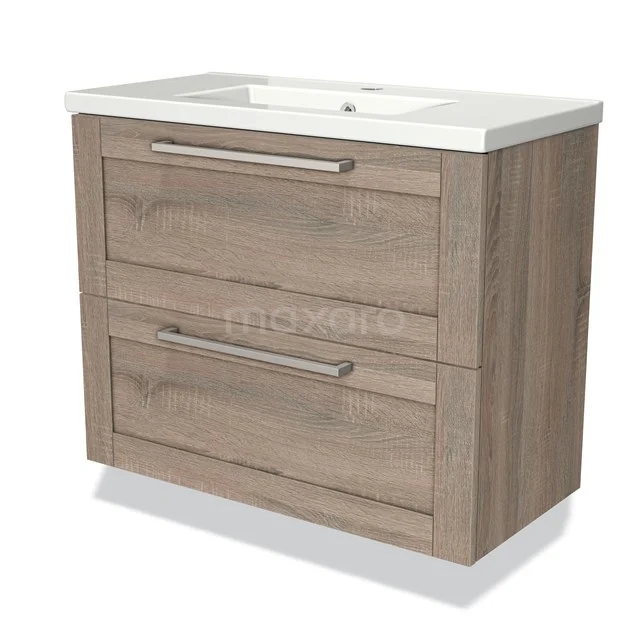 Modulo Slim Bathroom furniture with sink | 80 cm Oak Frame front Ceramic 2 Stacked drawers BMW37-00226 Wooden bathroom unit with two drawers, modern design, white ceramic basin, ideal for stylish bathroom storage.