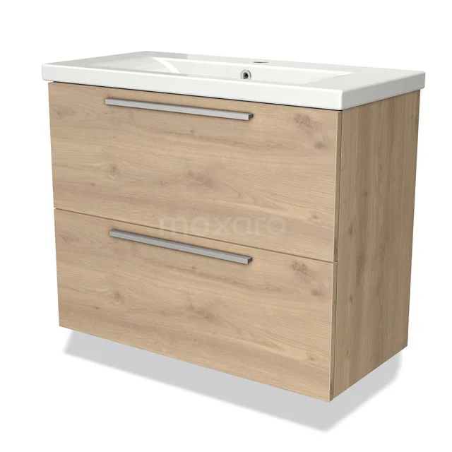 Modulo Slim Vanity units with basin | 80 cm Light brown oak Flat front Ceramic 2 Stacked drawers BMW37-00228 Wooden bathroom unit with two drawers, natural colour, metal handles and white basin; modern design for practical bathroom storage.