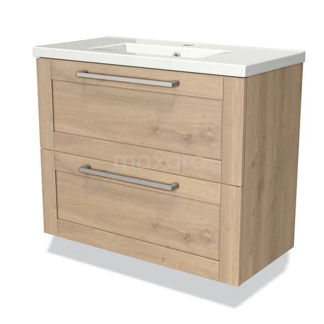 Wooden bathroom unit with 2 drawers, natural oak colour, integrated white sink, modern design with metal handles.