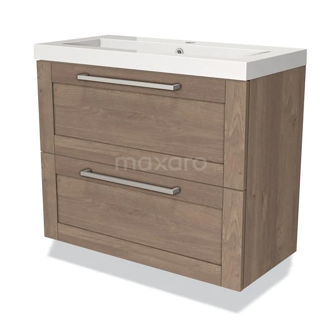 Houten badkamermeubel met dubbele lades en witte wastafel, moderne stijl, ideaal voor een stijlvolle badkameropslag.