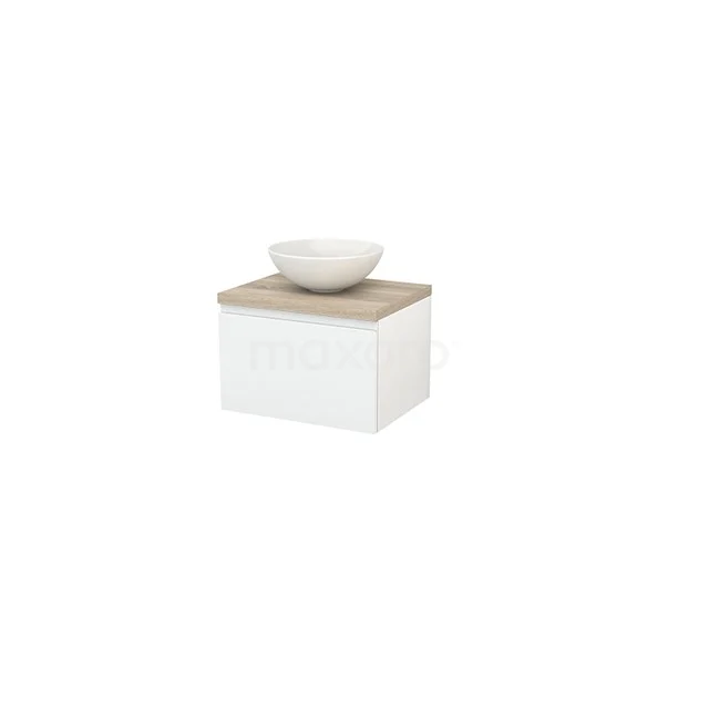 Modulo+ Plato Vanity units for countertop basin | 60 cm High-gloss white Handle-less front Oak worktop 1 drawer BMK001021 White bathroom unit with wood-look worktop and ceramic countertop wash basin, compact and modern design for a stylish bathroom.
