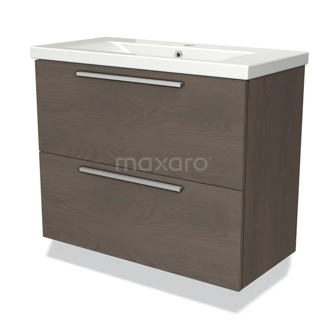 Brown bathroom cabinet with 2 drawers, chrome handles and white ceramic vanity units with basin; modern and practical bathroom unit.