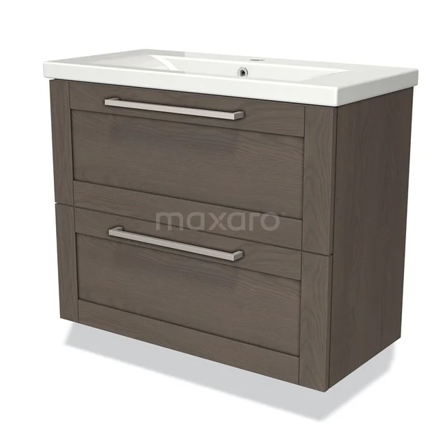 Modulo Slim Vanity units with basin | 80 cm Dark brown oak Frame front Ceramic 2 Stacked drawers BMW37-00243 Brown wooden bathroom unit with two drawers, metal handles and white ceramic basin, modern and functional design.