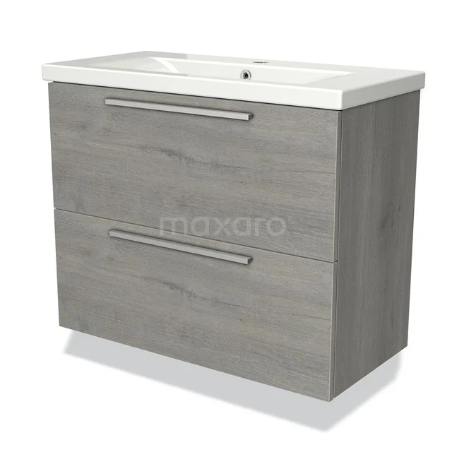 Grey wooden base cabinet with two drawers and white ceramic basin, ideal for a modern bathroom design.