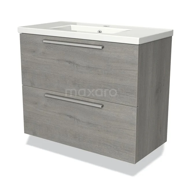 Grey bathroom furniture set with two drawers, wood-look finish and integrated white basin.