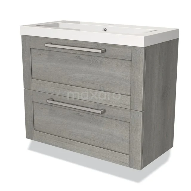 Grijze houten badkamermeubel met twee lades, moderne handgrepen en wit keramische wastafel, ideaal voor stijlvolle badkamers.