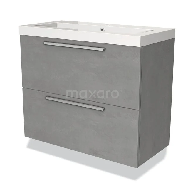 Grijze badkamerkast met twee lades, modern design, afgewerkt in betonlook, inclusief geïntegreerde wastafel.