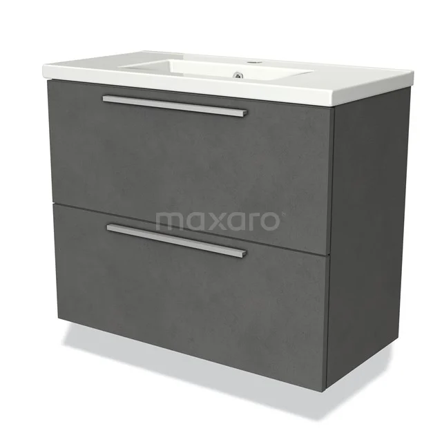 Dark grey bathroom unit with two drawers, sleek design, with white vanity units with basin; ideal for modern bathroom design.