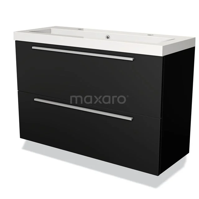 Stijlvol zwart badkamermeubel met witte wastafel, voorzien van twee metalen handgrepen, ideaal voor moderne badkamerinrichting.