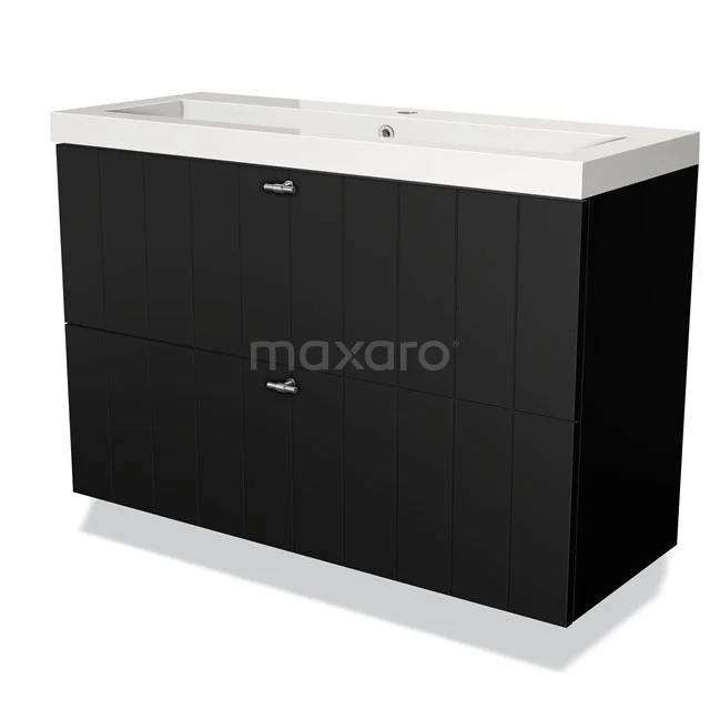 Zwart hoogglans badkamermeubel met twee lades en een witte wastafel, modern ontwerp van duurzame houtlook.