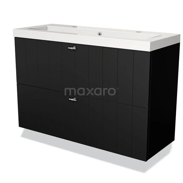 Badmöbel 100cm Modulo Slim Matt Schwarz 2 Schubladen Slat Waschbecken Mineralguss BMW37-00262 Schwarz schwebendes Badmöbel mit Doppel-Türenschrank und glänzendem weißen Waschbecken, modernes Design aus hochwertigem Holzmaterial.