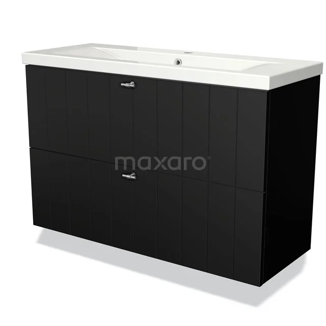 Modulo Slim Waschtische | 100 cm Matt Schwarz Lamelle front Keramik 2 übereinanderliegende Schubladen BMW37-00263 Schwarze Waschbeckenunterschrank mit zwei Schubladen und keramischem Waschbecken, ideal für moderne Badezimmerlagerung.