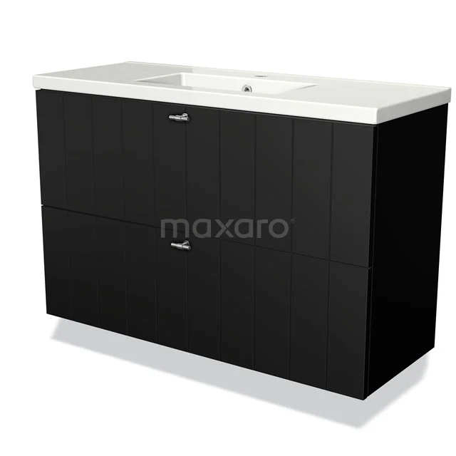 Modulo Slim Bathroom furniture with sink | 100 cm Matte black Slat front Ceramic 2 Stacked drawers BMW37-00264 Black bathroom unit with two drawers, white vanity units with basin made of ceramic, modern design from the Luna series.