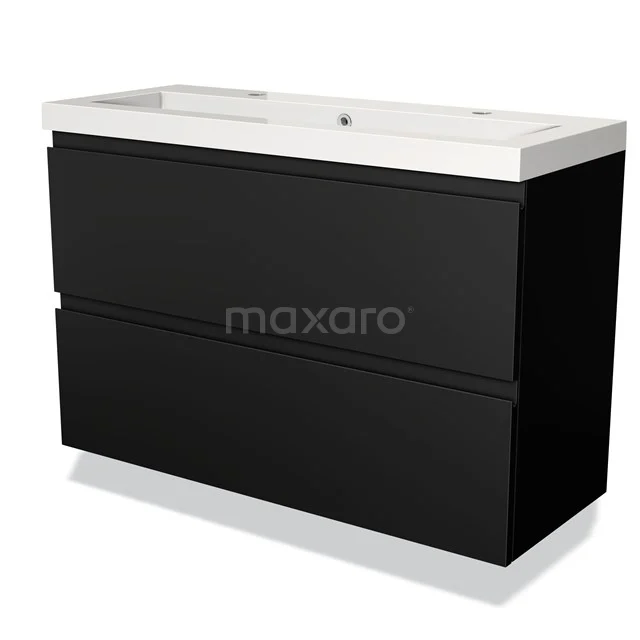 Zwarte badkamermeubelset met twee lades en geïntegreerde wastafel, modern design en hoogglans afwerking.