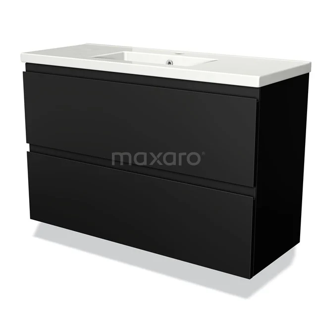 Black bathroom unit with matte black drawers, white ceramic basin worktop and integrated handles, modern design.