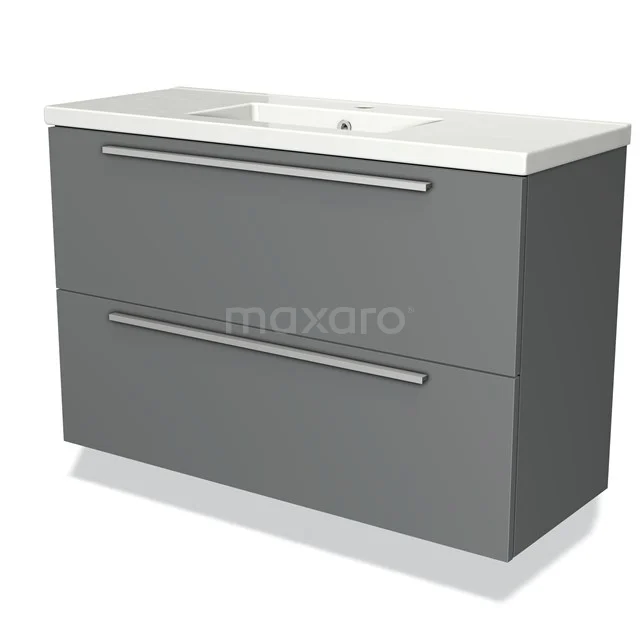 Modulo Slim Bathroom furniture with sink | 100 cm Mid grey Flat front Ceramic 2 Stacked drawers BMW37-00272 Grey rectangular bathroom furniture set with white ceramic basin and two wide drawers, modern design.