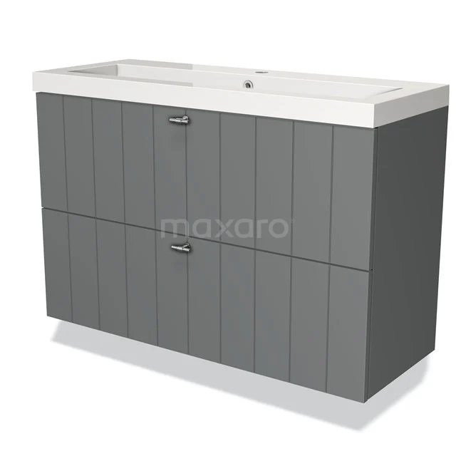 Grey bathroom unit with vanity units with drawers, vertical panels and ceramic basin, ideal for modern bathrooms.