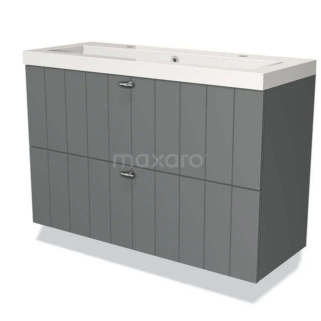Grey bathroom unit with two drawers, ceramic vanity units with basin and modern panels, ideal for stylish bathroom storage.