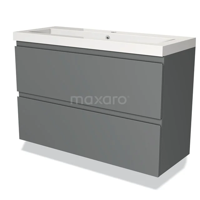 Modulo Slim Vanity units with basin | 100 cm Mid grey Handle-less front Mineral marble 2 Stacked drawers BMW37-00277 Grey bathroom furniture set with double basin and integrated drawers, modern design made of durable materials.