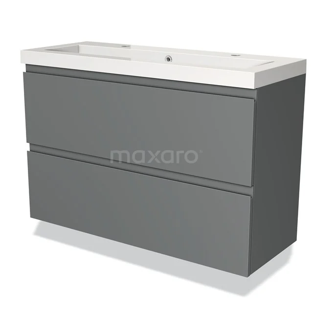 Grey bathroom cabinet with two drawers, ceramic basin, sleek design, ideal for modern bathroom design.