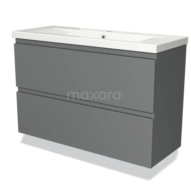 Modulo Slim Bathroom furniture with sink | 100 cm Mid grey Handle-less front Ceramic 2 Stacked drawers BMW37-00279 Grey bathroom unit with vanity units with basin, modern design, incl. white ceramic basin, ideal for compact bathrooms.