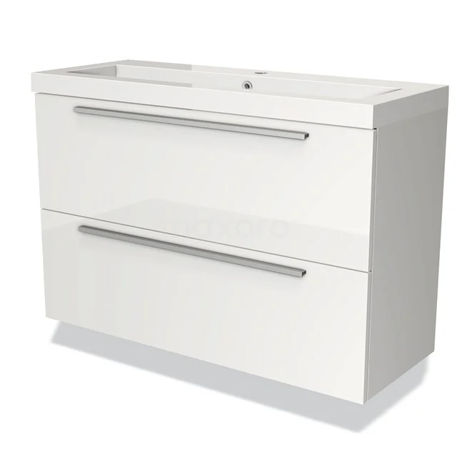 Wit badkamermeubel met glanzende afwerking, twee brede lades en chromen grepen, ideaal voor moderne badkamerinrichting.