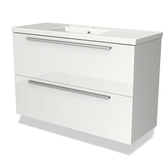 White Bathroom unit with two drawers, sleek design, metal handles and integrated Basin, ideal for modern bathrooms.