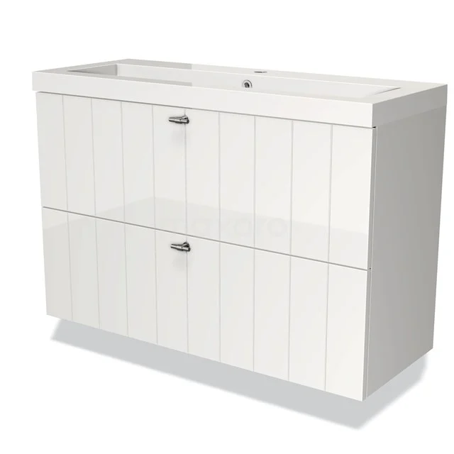 Wit houten badkamermeubel met twee lades, moderne panelstructuur en ingebouwde wastafel, ideaal voor badkameropslag.