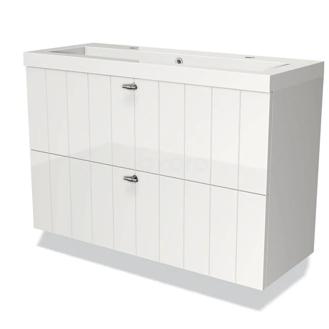 Wit badkamermeubel met dubbele lades, verticale paneelstructuur en chromen grepen; stijlvol en praktisch voor elke badkamer.