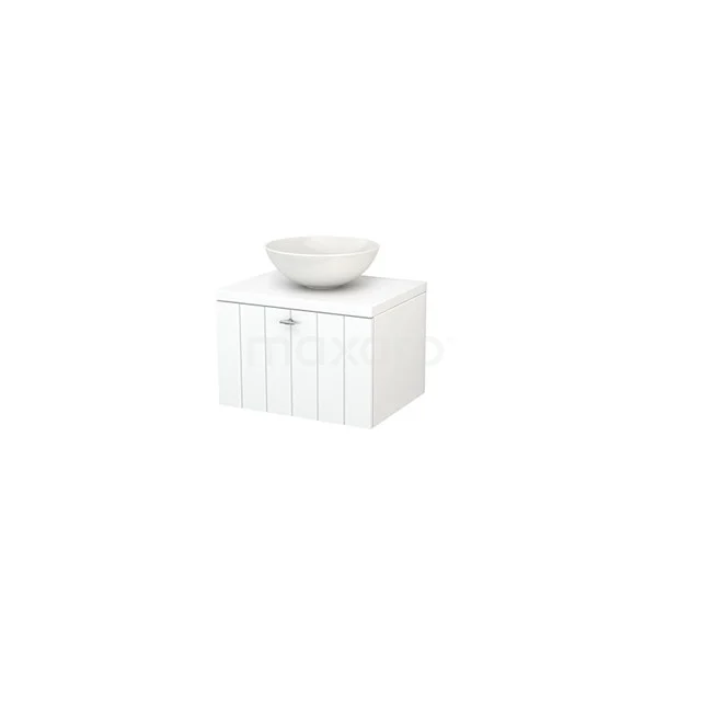 White vanity unit with stylish ceramic top-mounted basin, compact design for small bathrooms.