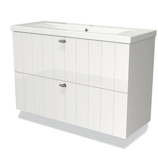 White Bathroom unit with standing slatted doors, two drawers and ceramic basin, ideal for a modern bathroom.