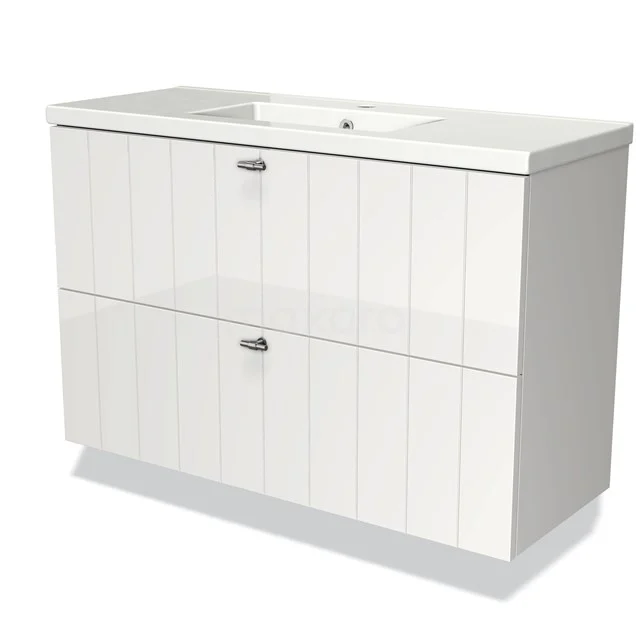 Weiße Badmöbelset mit doppelten Schubladen, vertikalen Linien in Holzoptik und keramischem Waschbecken, perfekt für moderne Bäder.