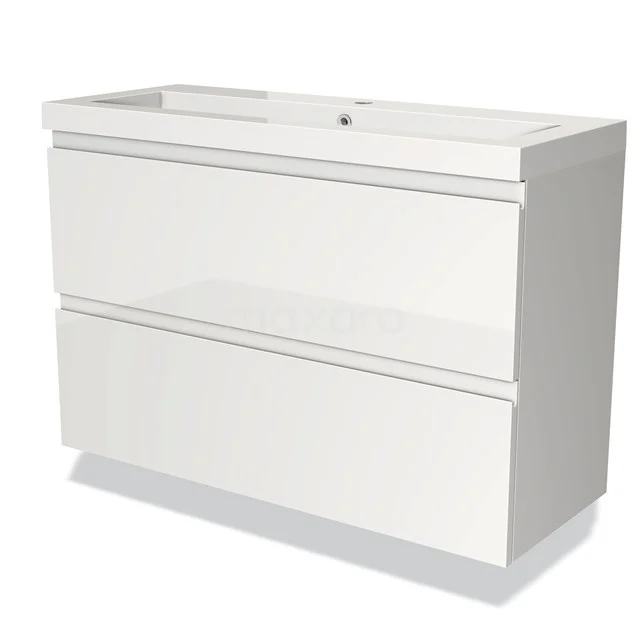 Witte hangende badkamermeubel met twee lades, modern design, glanzende afwerking en geïntegreerde wastafel.