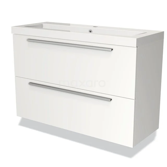 Modulo Slim Bathroom furniture with sink | 100 cm Matte white Flat front Mineral marble 2 Stacked drawers BMW37-00293 White bathroom unit with two drawers, sleek metal handles and ceramic basin, ideal for modern bathroom design.