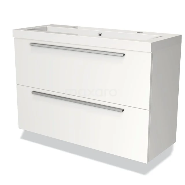 Witte badkamerkast met dubbele lades, metalen handgrepen en geïntegreerde wastafel, strak design voor moderne badkamers.
