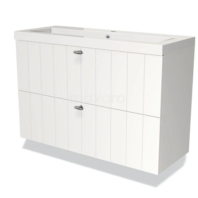 Wit houten badkamermeubel met dubbele lade en geïntegreerde wastafel, ideaal voor stijlvolle en praktische badkameropslag.