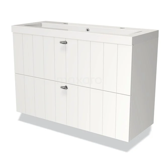 White bathroom unit with double drawers, panel design and silver handles, ideal for stylish storage space in the bathroom.