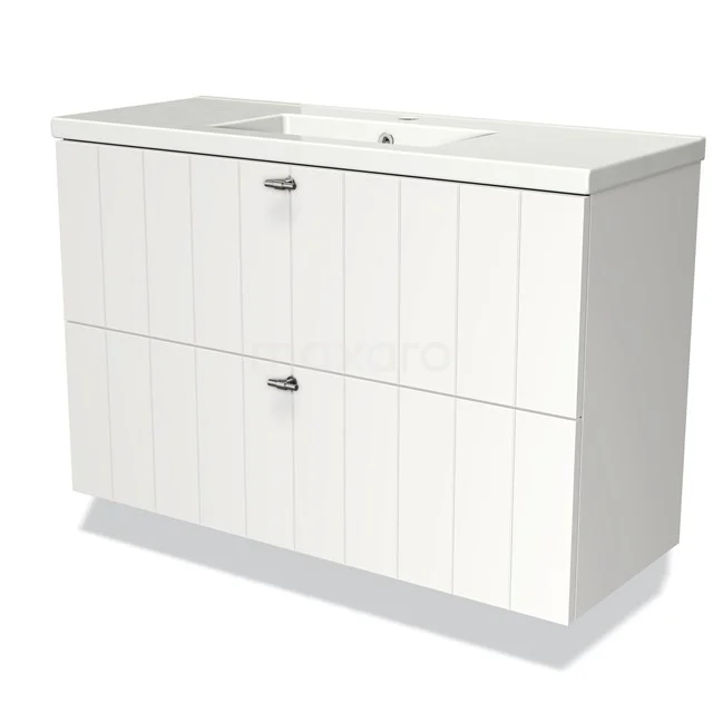 Weißes Holz-Badmöbel mit zwei Schubladen, Kunststoff-Waschbecken und klarem Paneeldesign, ideal für moderne Badezimmergestaltung.