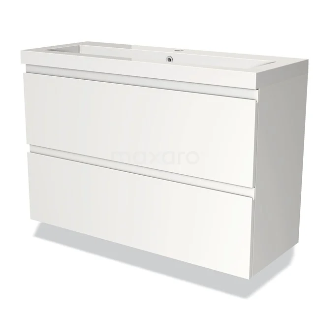 Wit badkamermeubel met twee brede lades en een geïntegreerde wastafel, strak design, ideaal voor moderne badkamers.