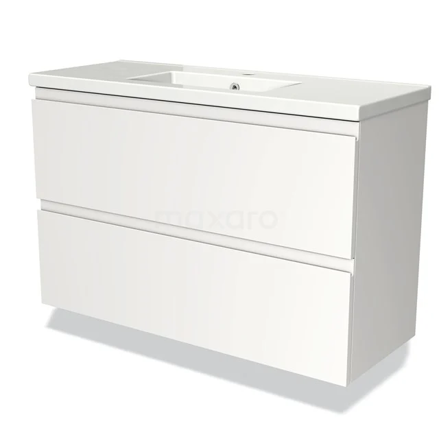 White bathroom furniture set with two drawers, glossy finish, including integrated basin and modern design style.