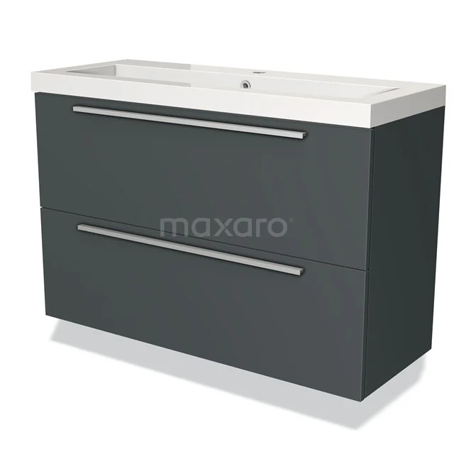 Donkergrijze badkamerkasten met lades en wit wastafelblad, strak ontwerp van hout, geschikt voor modern badkamerinterieur.