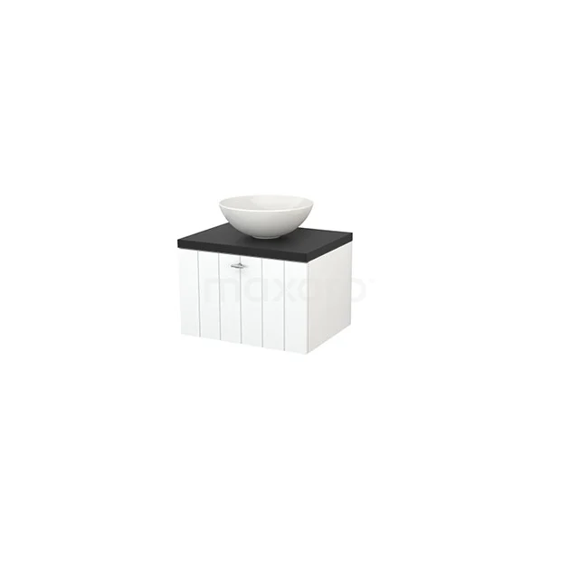 White bathroom unit with black wooden worktop and round basin, ideal for modern bathrooms.