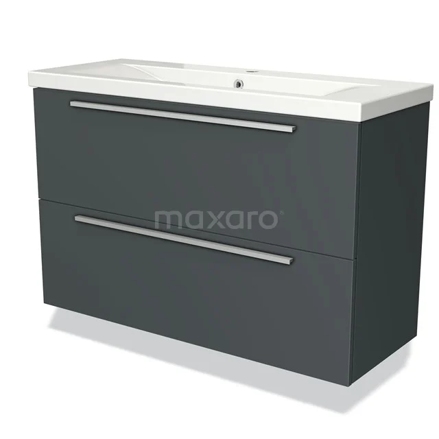 Dark grey bathroom furniture set with two drawers, metal handles and white ceramic basin, modern design.