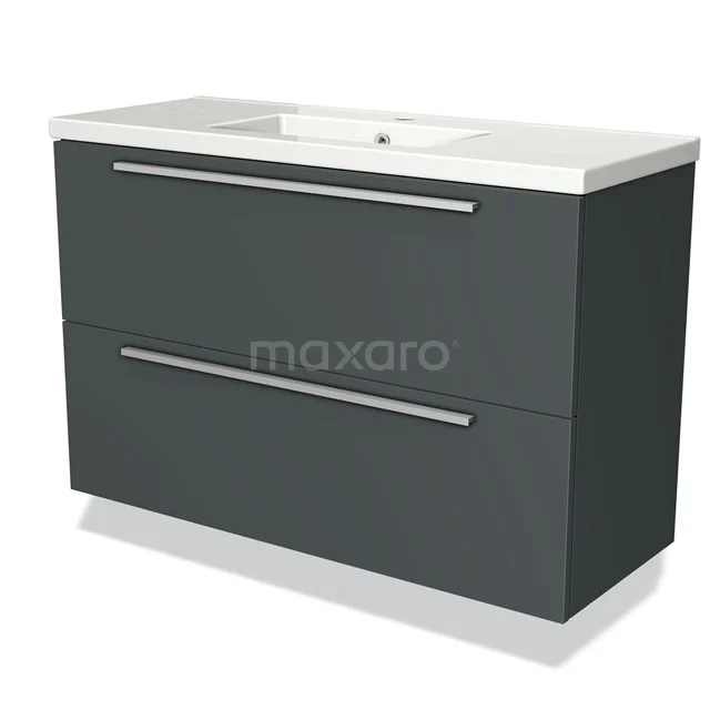 Modulo Slim Vanity units with basin | 100 cm Dark grey Flat front Ceramic 2 Stacked drawers BMW37-00308 Dark grey bathroom cabinet with two drawers, sleek metal handles and ceramic basin, modern and practical design.