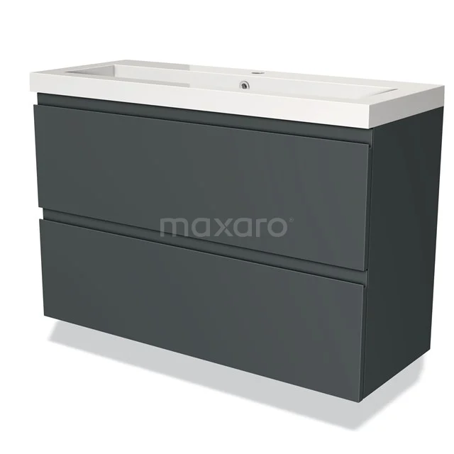 Antraciet grijze badkamermeubelset met keramische wastafel en twee lades, modern design uit de LuxeLine-serie.
