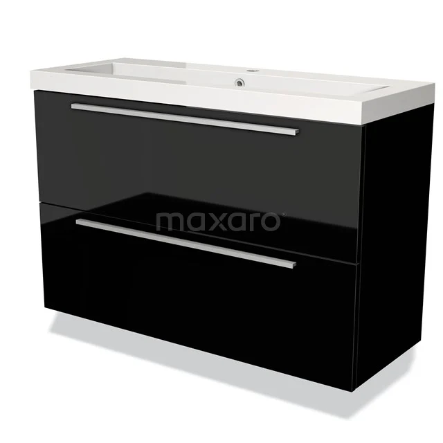 Zwart glanzend badkamermeubel met twee lades en wit keramische wastafel, modern design.