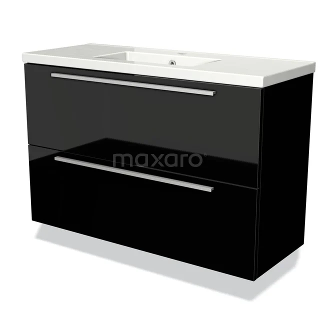 Black bathroom unit with high-gloss finish, double drawers and integrated vanity units with basin, modern design.