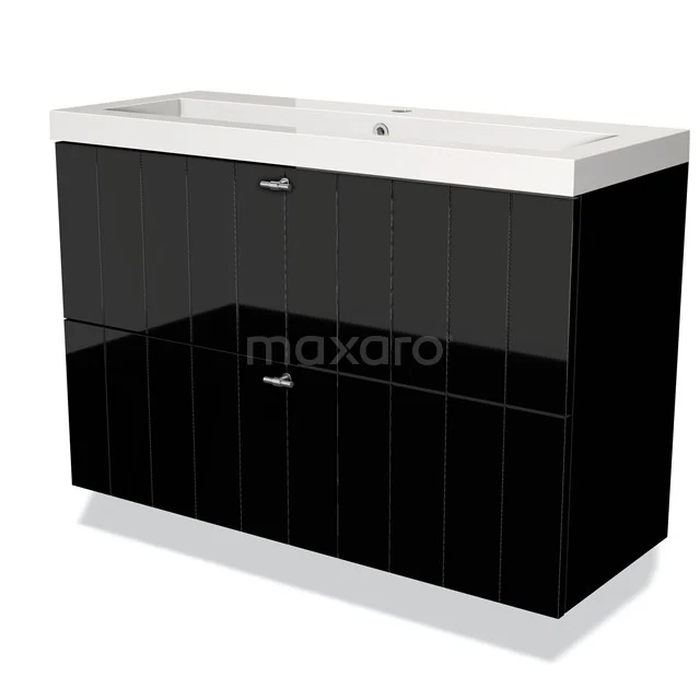 Black bathroom furniture set with glossy finish, double doors, metal handles and ceramic basin; modern design.